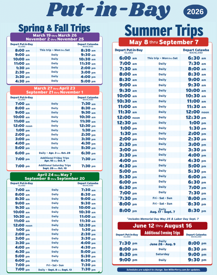 Miller Ferry 2026 Schedule to Put-in-Bay